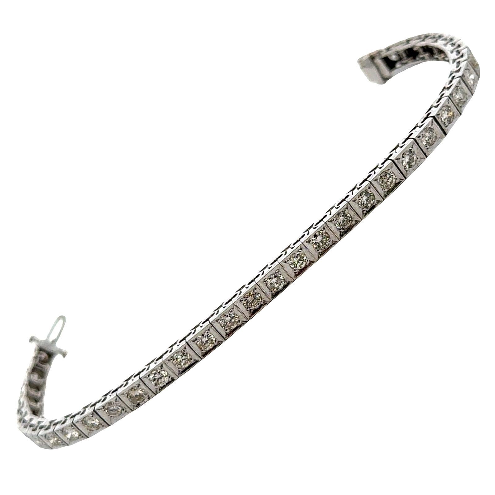 1950's Diamond Box Link White Gold Vintage Line Bracelet