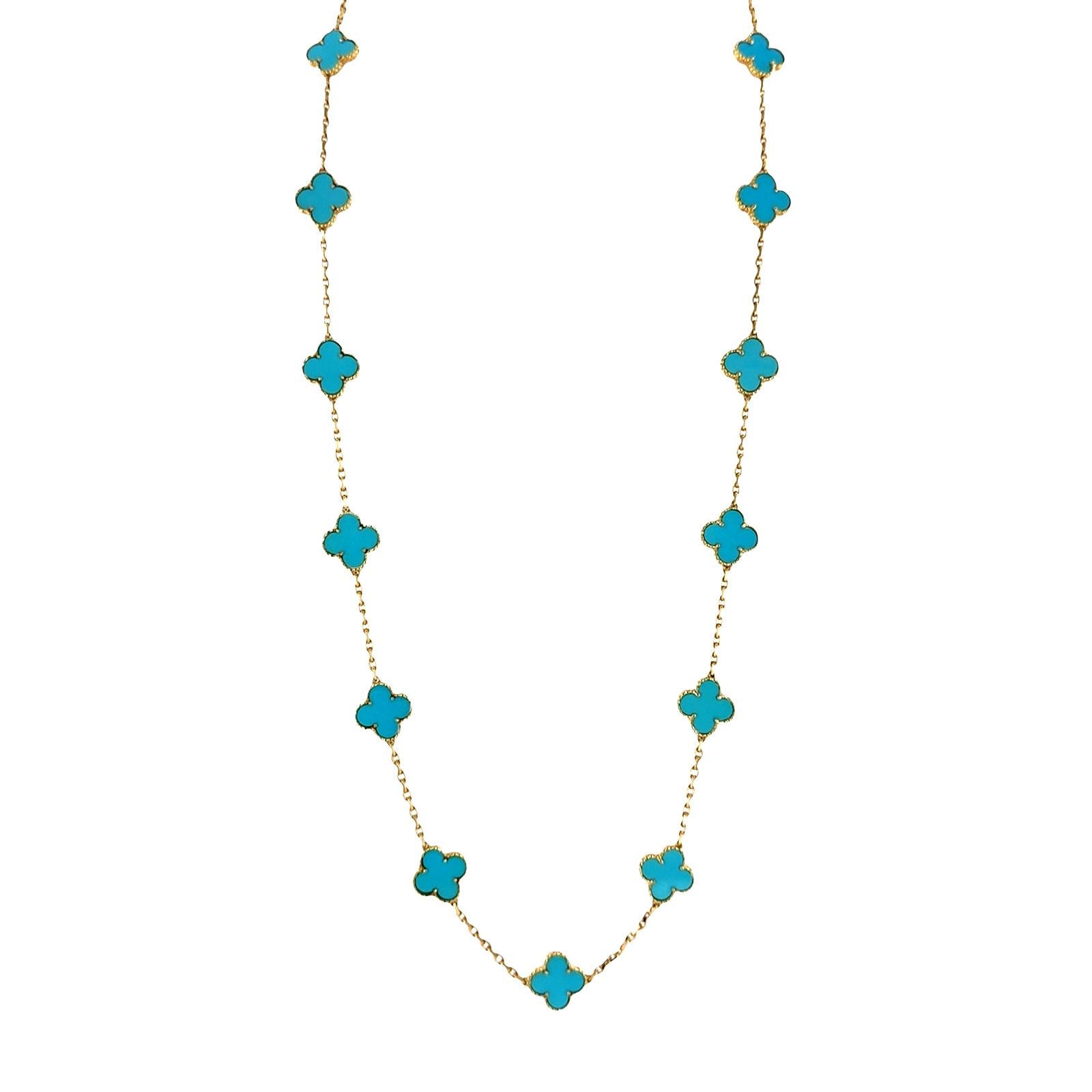 Van Cleef Vintage Alhambra 20 Motif Turquoise 18KYG Necklace Rare B&P's