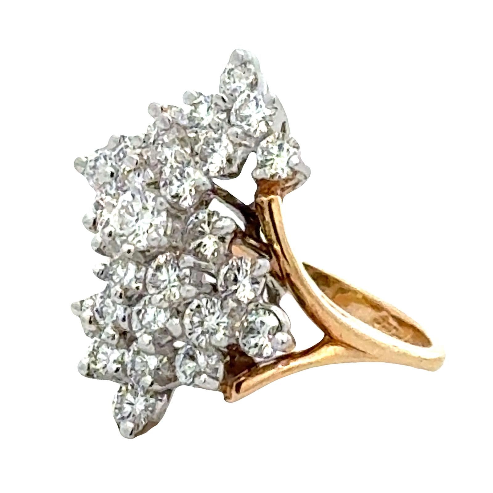 Late 20th Century Diamond 14Karat Two Tone Gold Bypass Cluster Vintage Ring