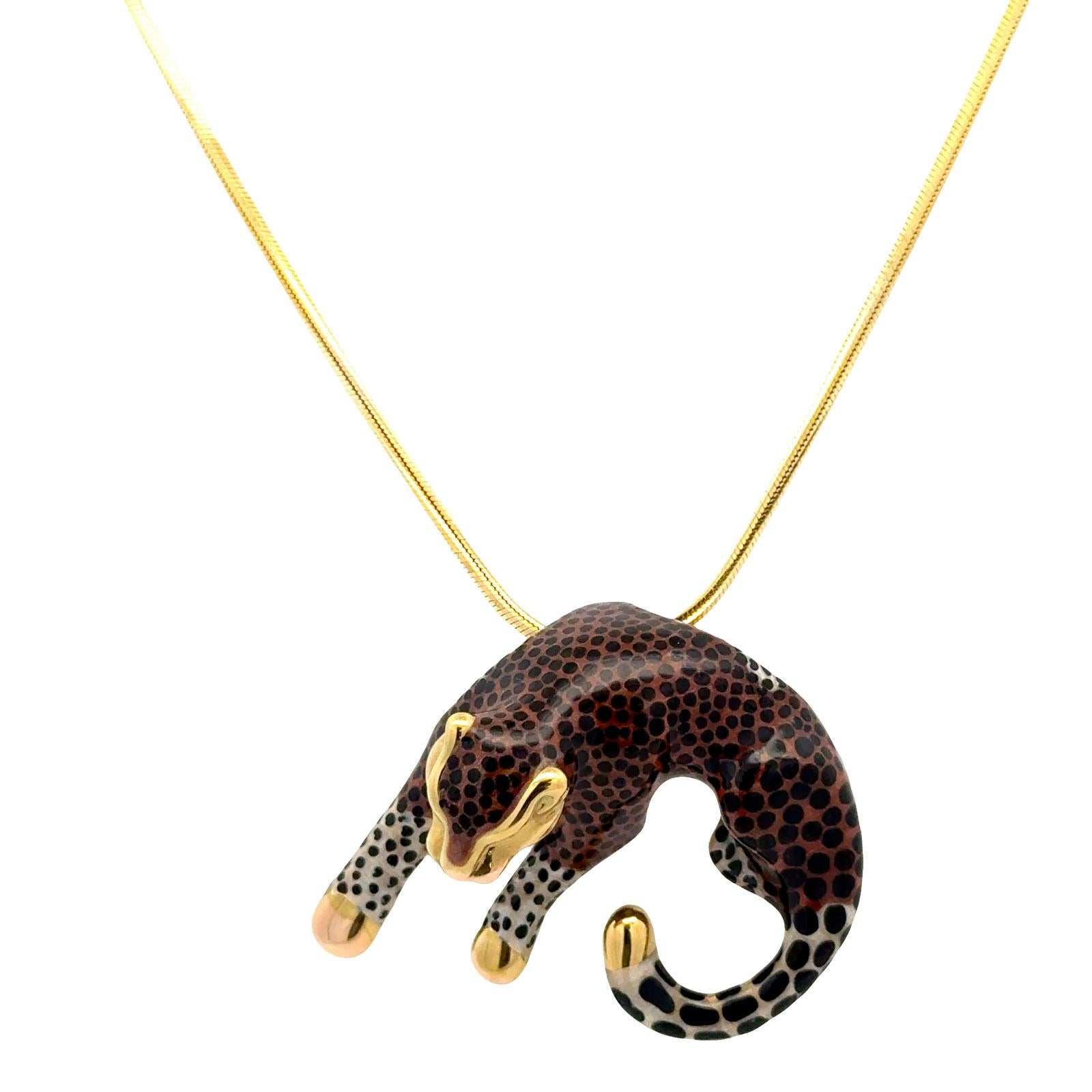 Brown and Black Enamel 14 Karat Yellow Gold Leopard Pendant Snake Chain