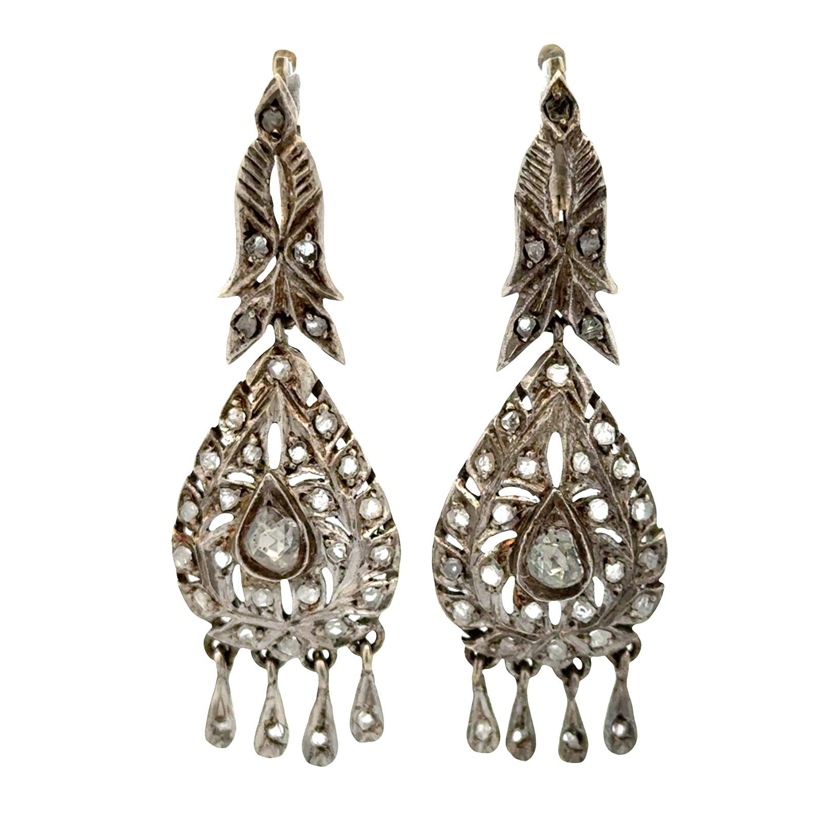 Rose Cut Diamond Silver Dangle Drop Vintage Earrings