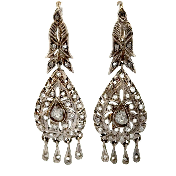 Rose Cut Diamond Silver Dangle Drop Vintage Earrings