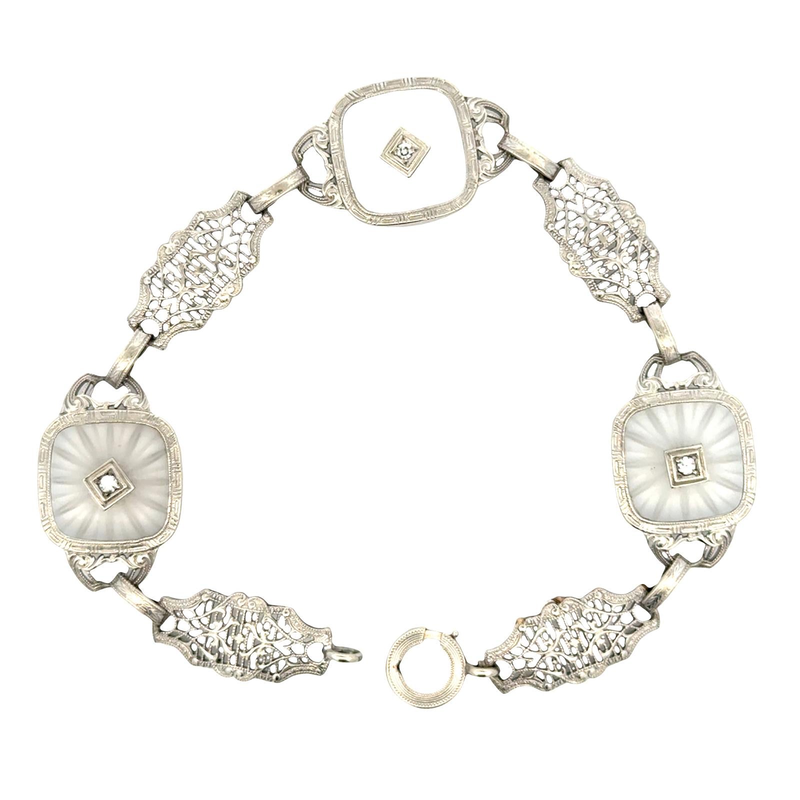 Mid-20th Century Carved Rock Crystal Diamond Platinum Link Bracelet