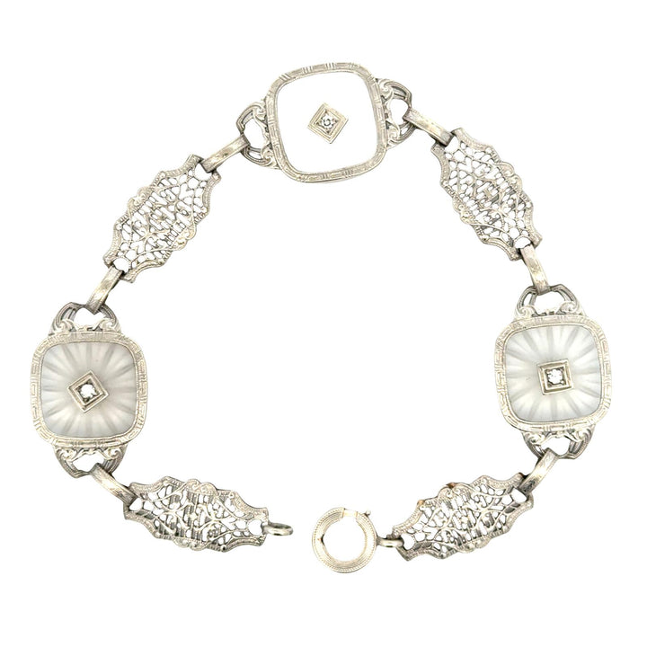 Mid-20th Century Carved Rock Crystal Diamond Platinum Link Bracelet