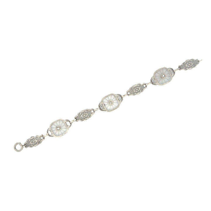 Mid-20th Century Carved Rock Crystal Diamond Platinum Link Bracelet
