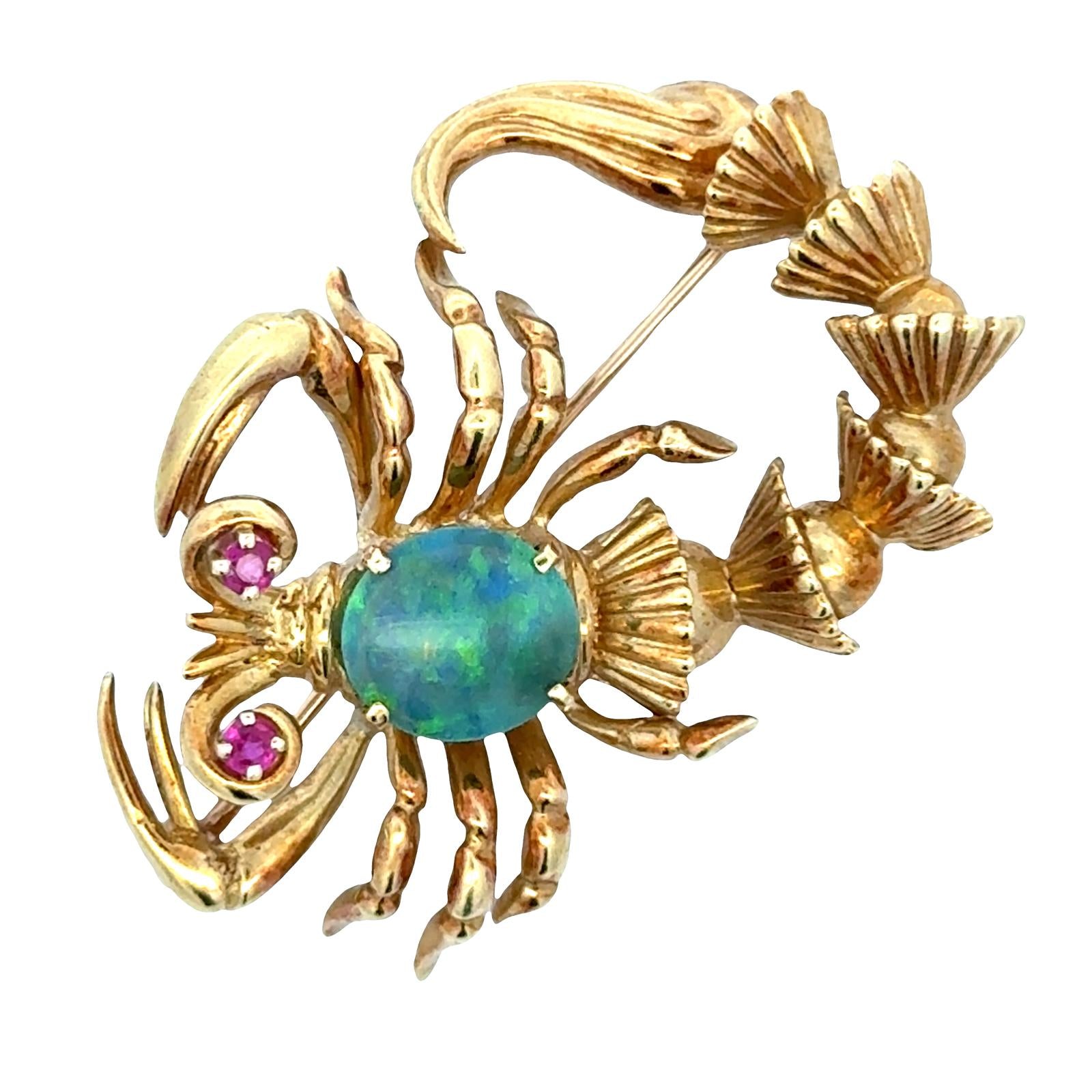 1970's Scorpion Opal Ruby Accent 18 Karat Yellow Gold Vintage Brooch