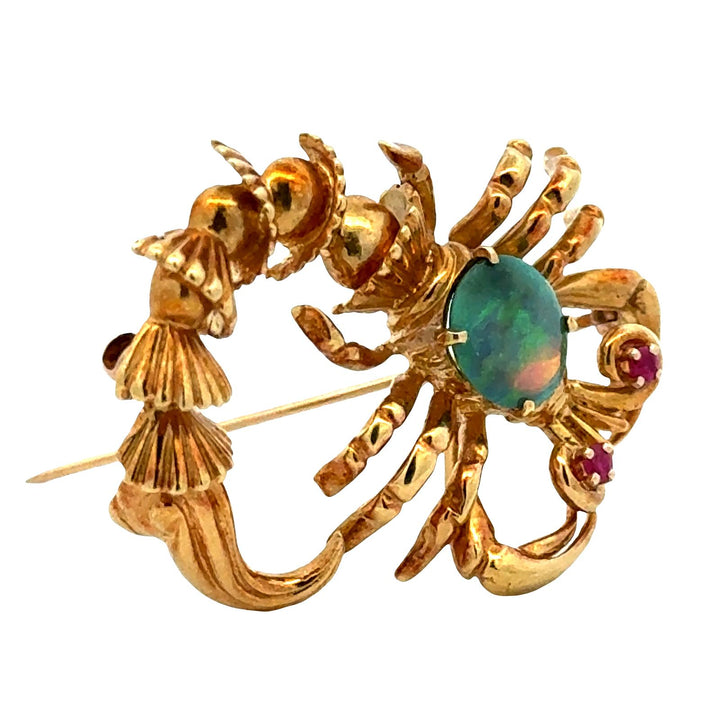 1970's Scorpion Opal Ruby Accent 18 Karat Yellow Gold Vintage Brooch