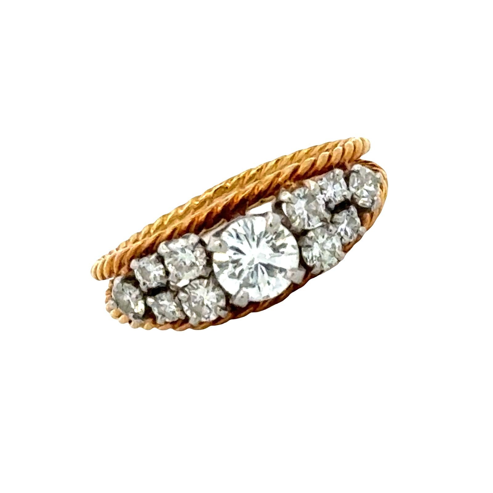 Diamond Two Tone 18 Karat Gold Twisted Cable Design Vintage Bang Ring