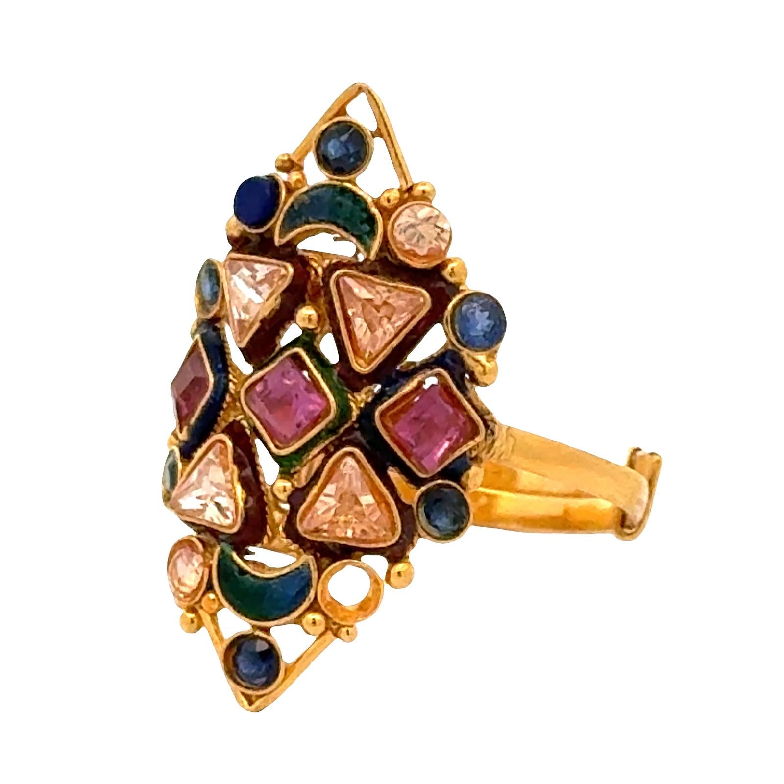 22 Karat Color Gemstone Navette Style Vintage Ring