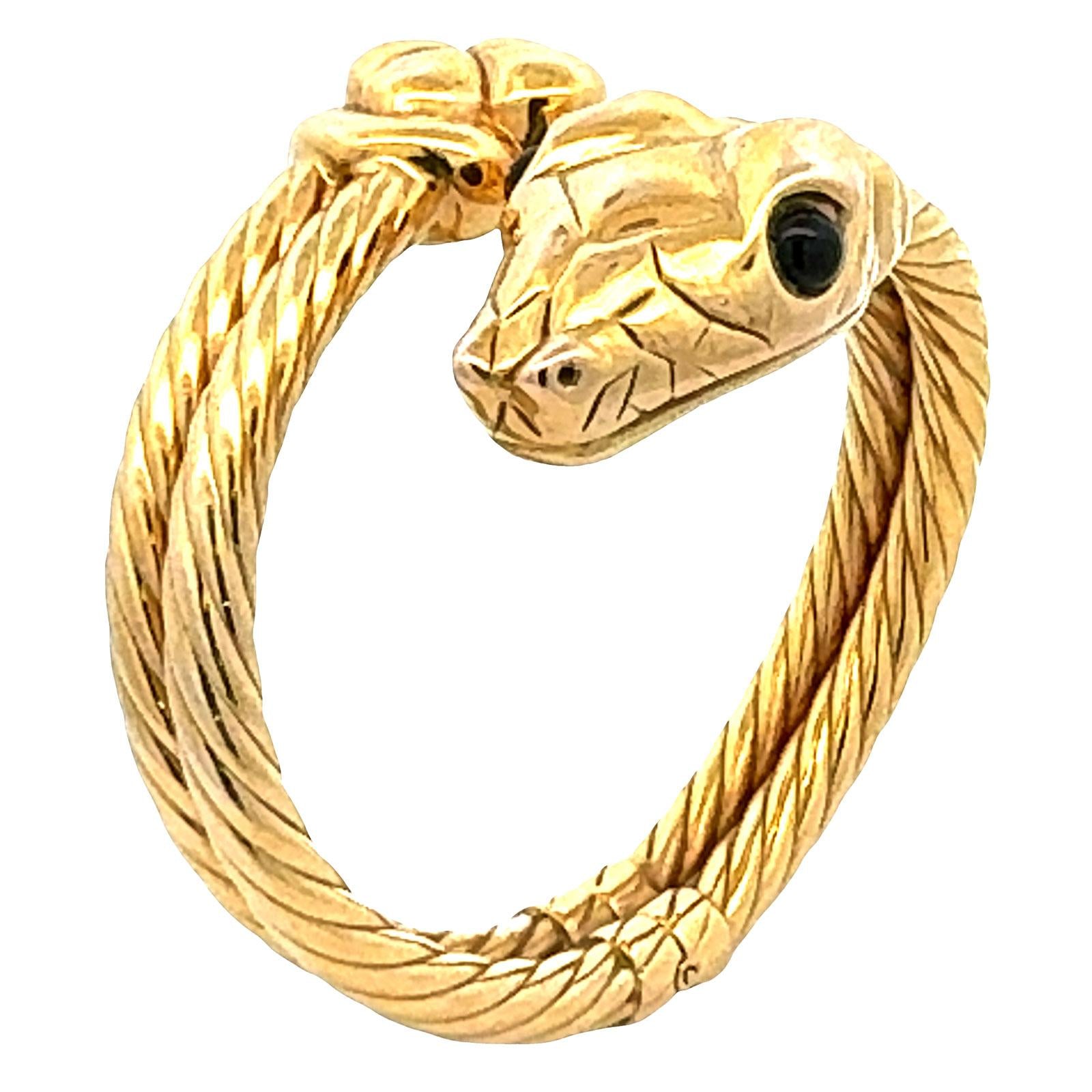 Italian Snake 14 Karat Yellow Gold Hinged Two Row Cable Vintage Bangle Bracelet