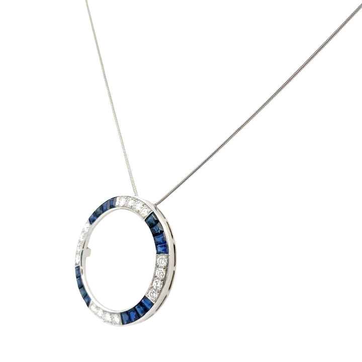 Diamond Sapphire Platinum Open Circle Vintage Pendant Necklace