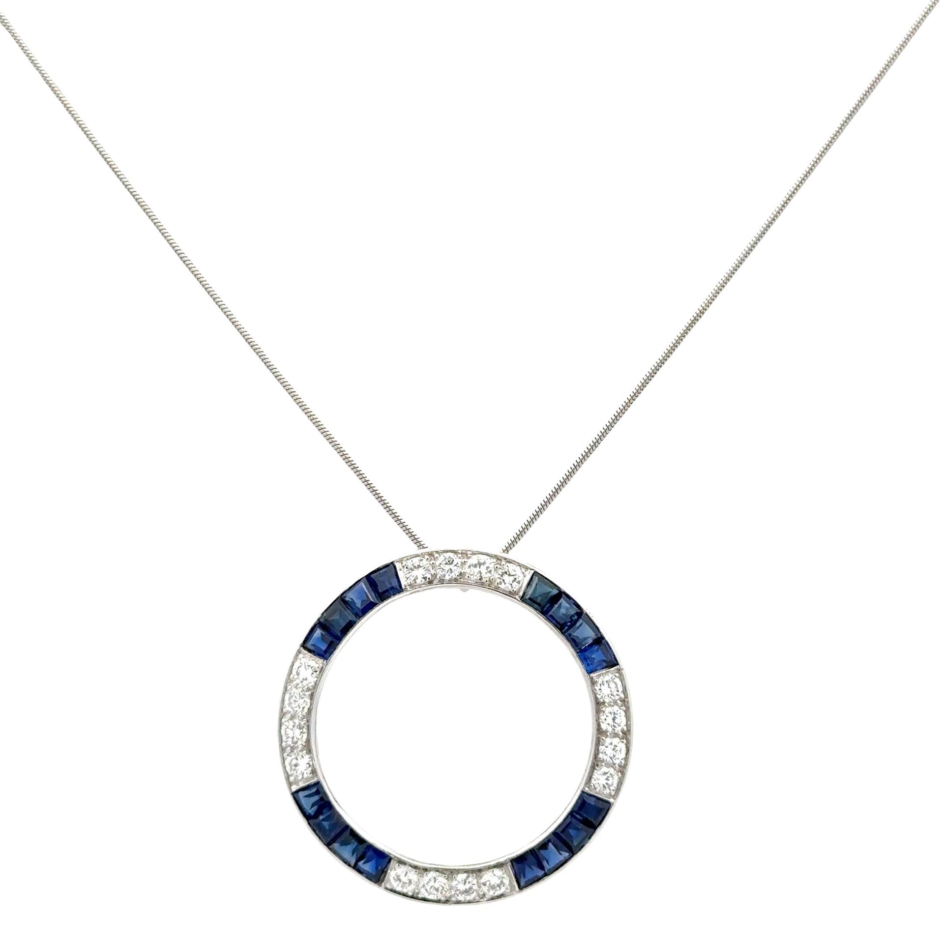 Diamond Sapphire Platinum Open Circle Vintage Pendant Necklace