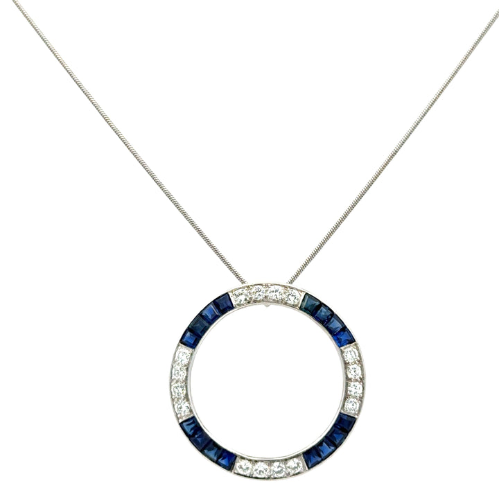 Diamond Sapphire Platinum Open Circle Vintage Pendant Necklace