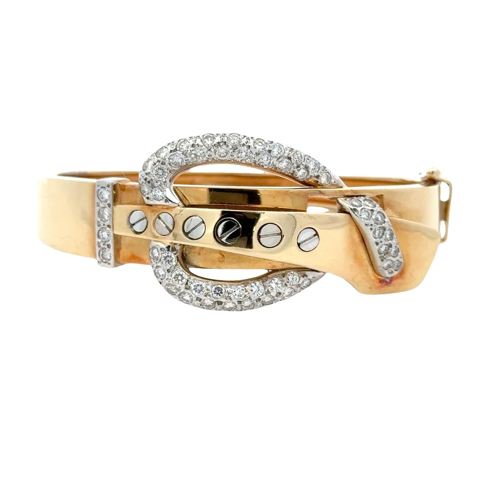 Retro Diamond 18 Karat Two Tone Gold Buckle Hinged Oval Bangle Bracelet Vintage