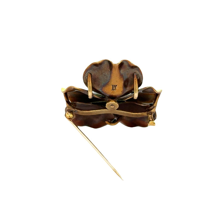 Early 20th Century Diamond Enamel 14 Karat Yellow Gold Pansy Floral Brooch Pin
