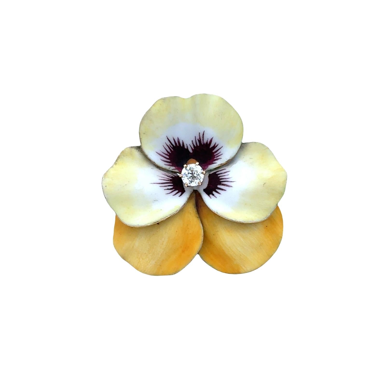 Early 20th Century Diamond Enamel 14 Karat Yellow Gold Pansy Floral Brooch Pin