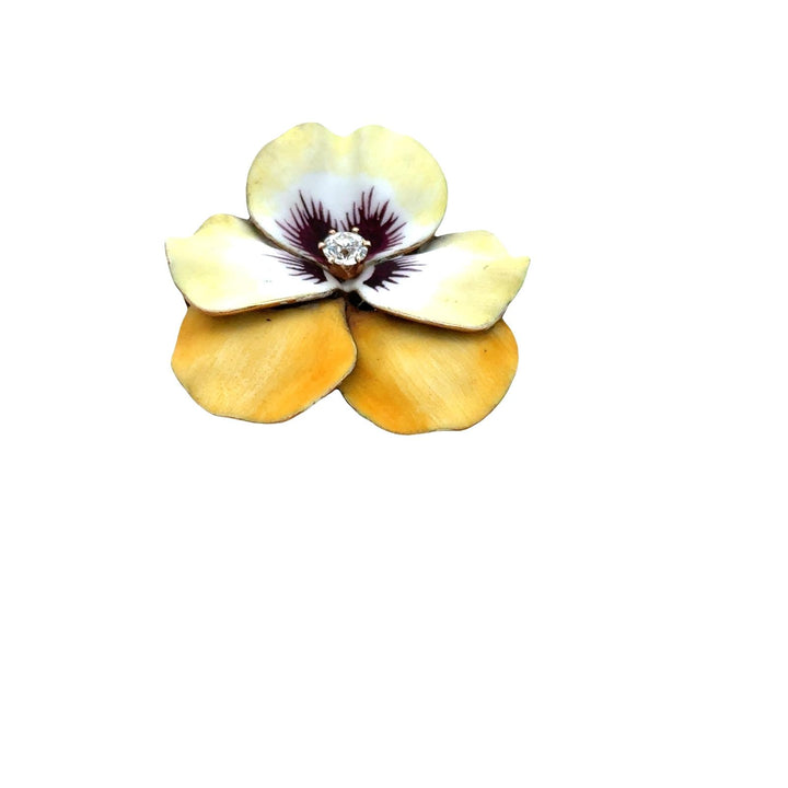 Early 20th Century Diamond Enamel 14 Karat Yellow Gold Pansy Floral Brooch Pin