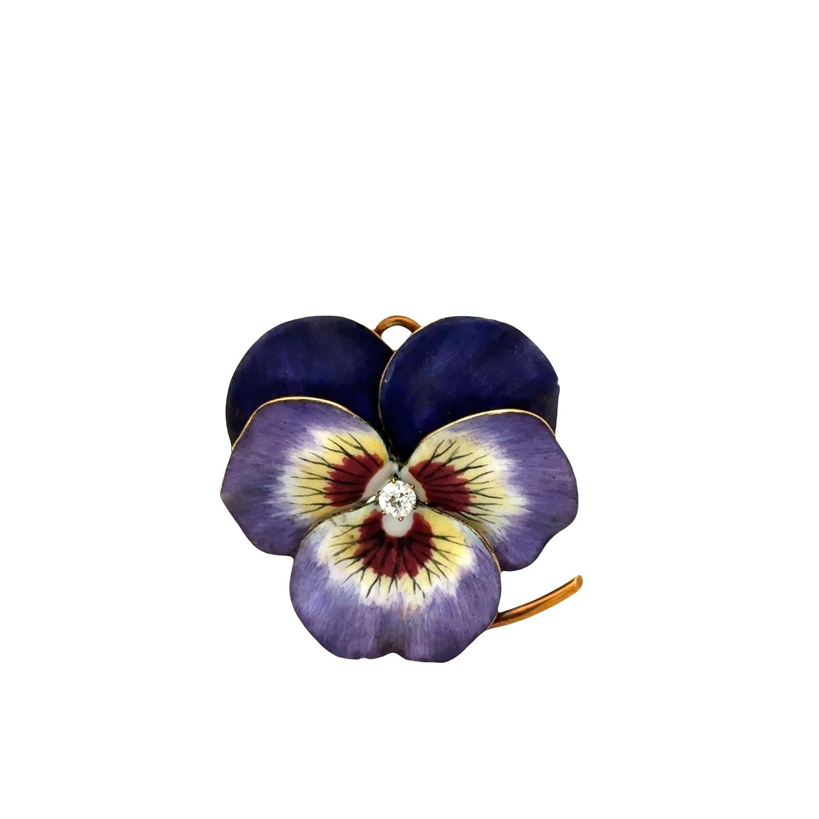 Early 20th Century Diamond Enamel 18 Karat Yellow Gold Pansy Brooch Pendant