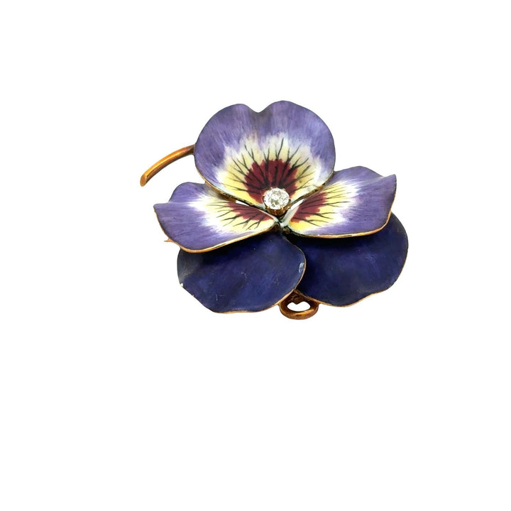 Early 20th Century Diamond Enamel 18 Karat Yellow Gold Pansy Brooch Pendant