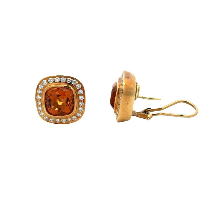 Cushion Cut Citrine Diamond 18 Karat Yellow Gold Leverback Earrings