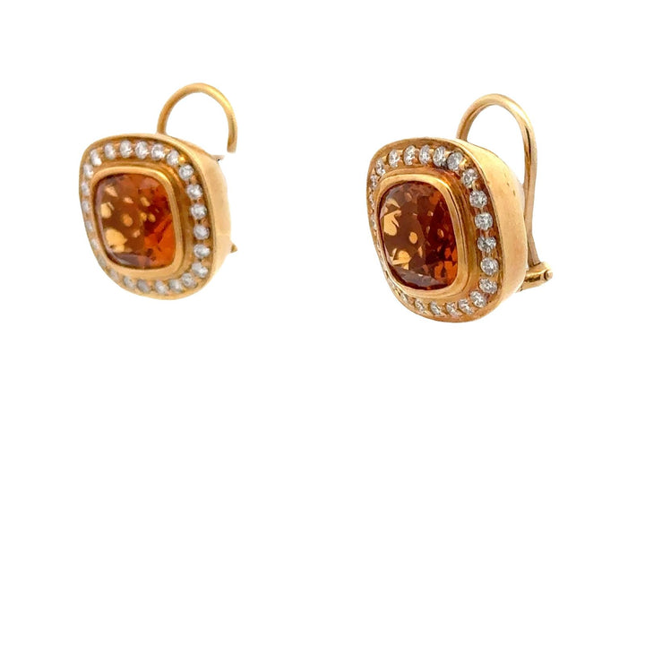 Cushion Cut Citrine Diamond 18 Karat Yellow Gold Leverback Earrings
