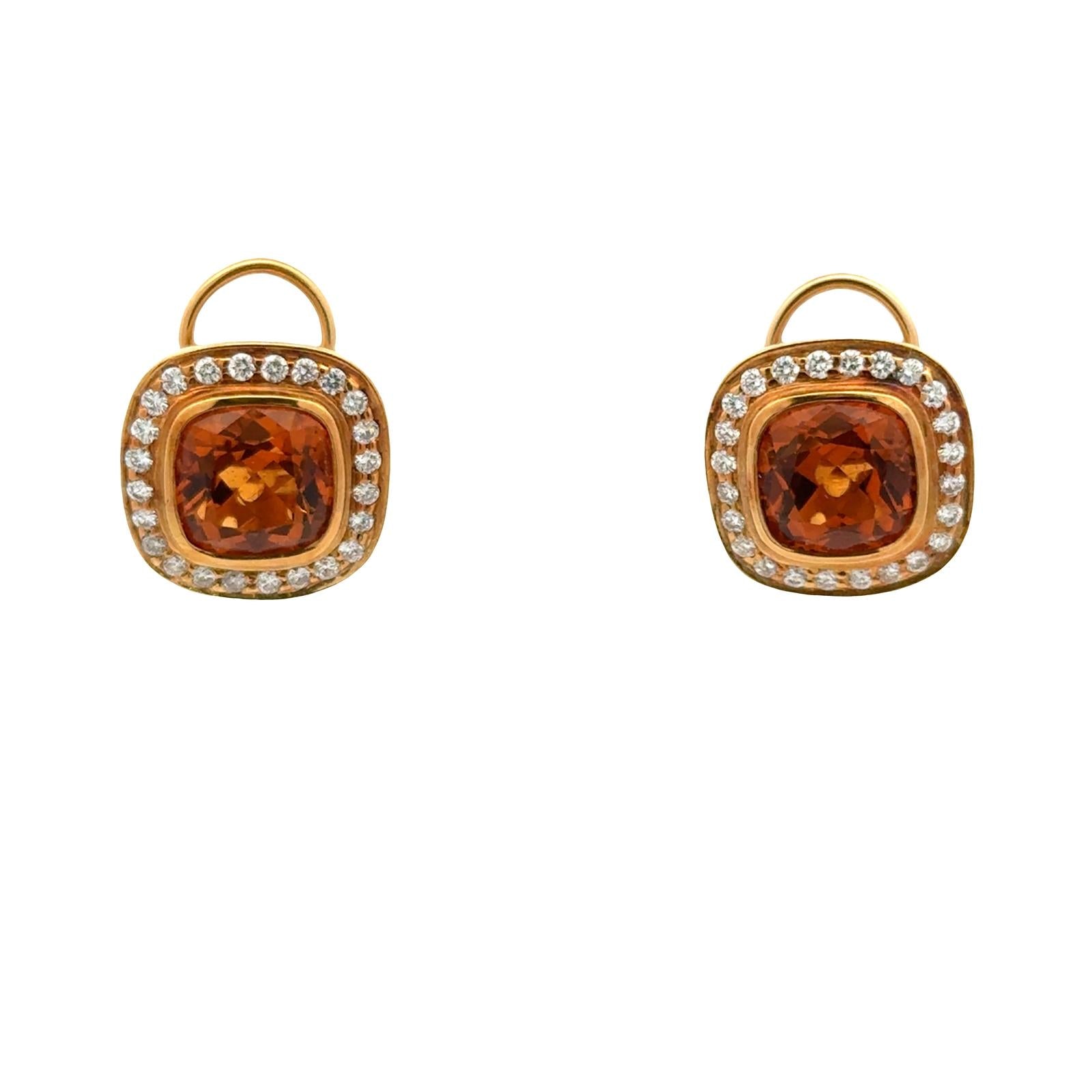 Cushion Cut Citrine Diamond 18 Karat Yellow Gold Leverback Earrings