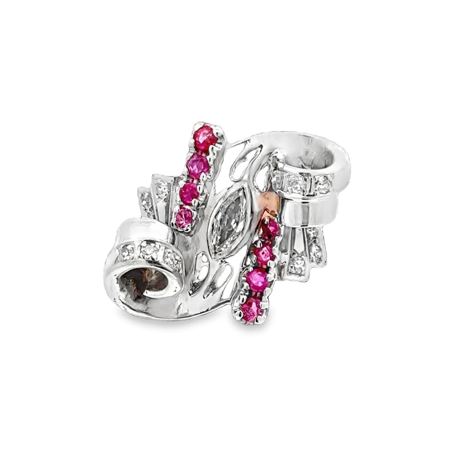 1950's Retro Marquise Diamond Ruby 18 Karat Two Tone Gold Swirl Cocktail Ring
