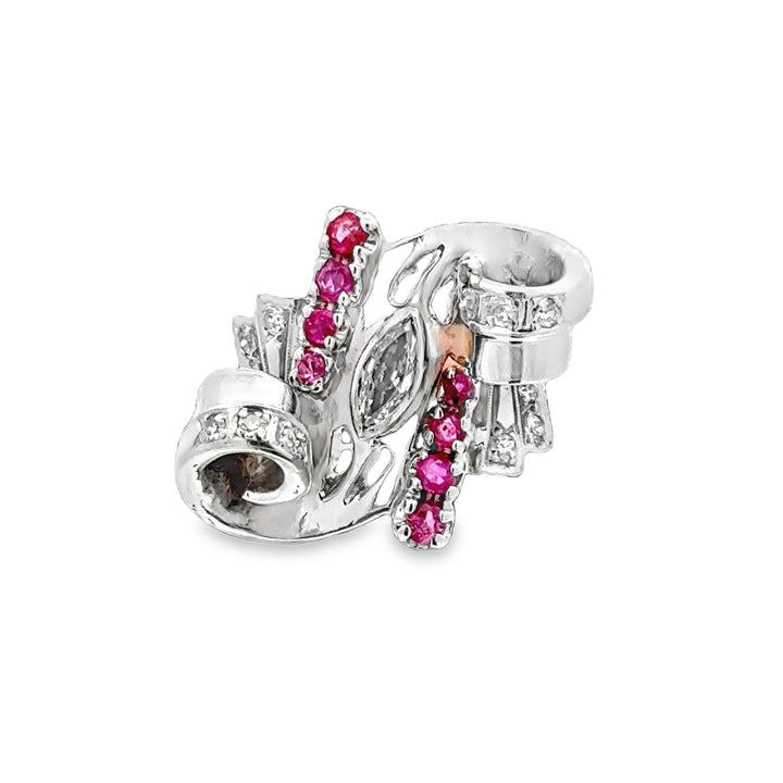 1950's Retro Marquise Diamond Ruby 18 Karat Two Tone Gold Swirl Cocktail Ring