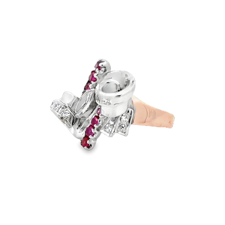 1950's Retro Marquise Diamond Ruby 18 Karat Two Tone Gold Swirl Cocktail Ring