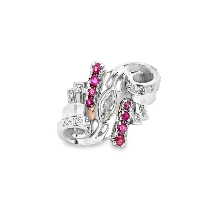 1950's Retro Marquise Diamond Ruby 18 Karat Two Tone Gold Swirl Cocktail Ring