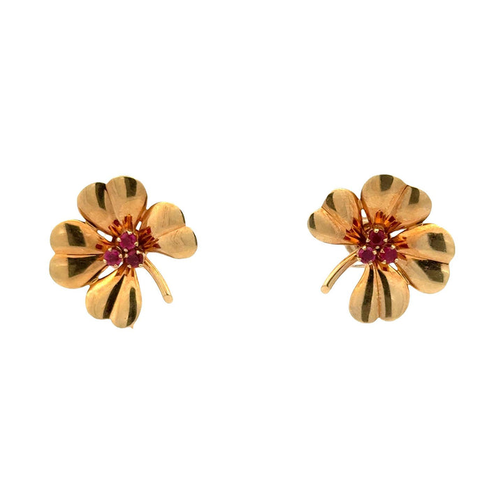 Tiffany & Co. Clover Ruby 14 Karat Yellow Gold Vintage Screw-Back-Clip Earrings