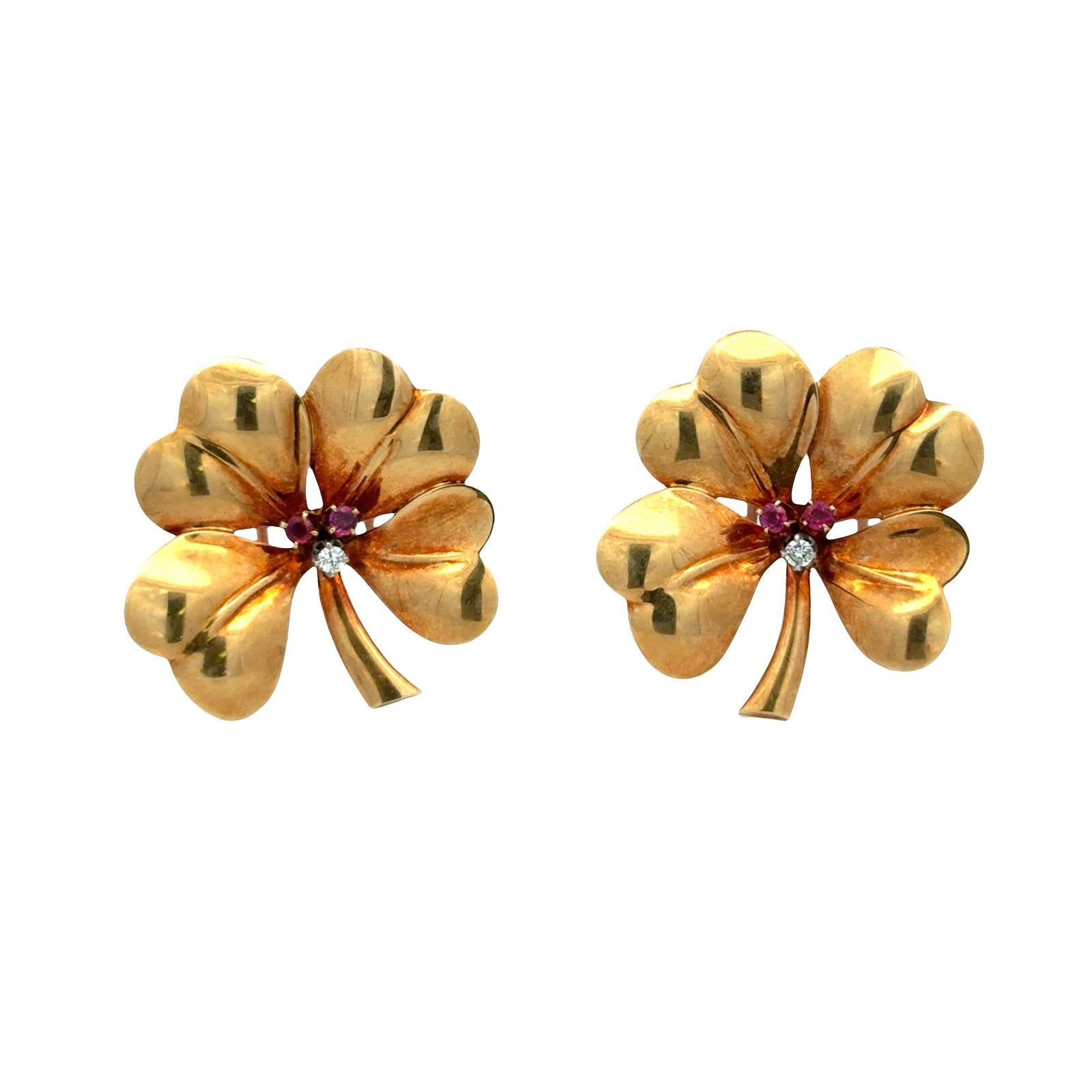 Tiffany & Co. Diamond Ruby 14 Karat Yellow Gold Clover Brooch Set of 2