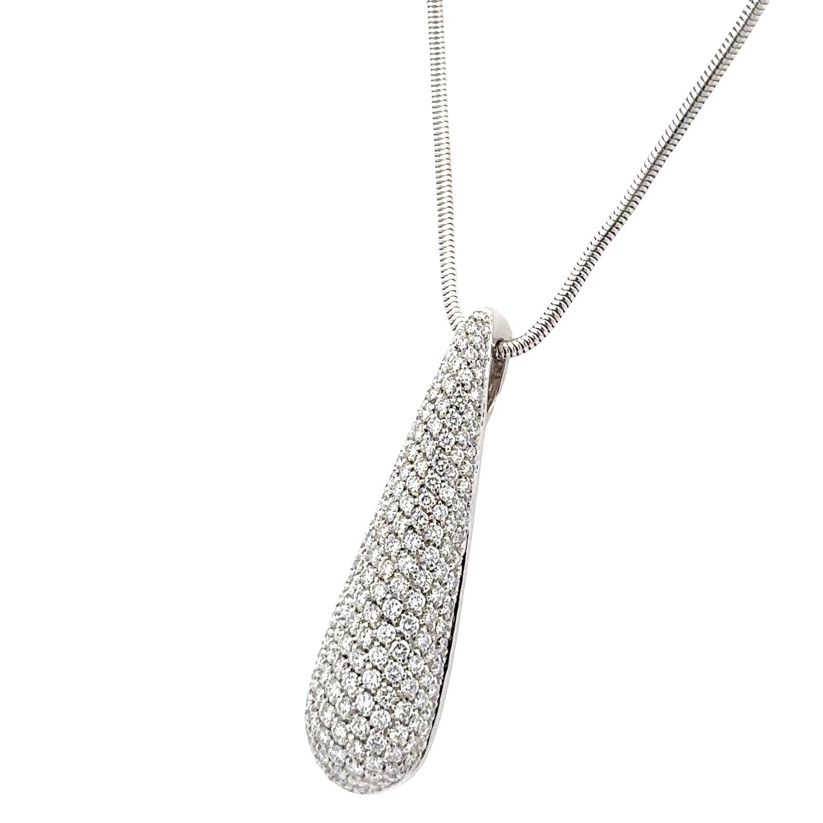 Pavé Diamond 18 Karat White Gold Teardrop Pendant Snake Chain Necklace