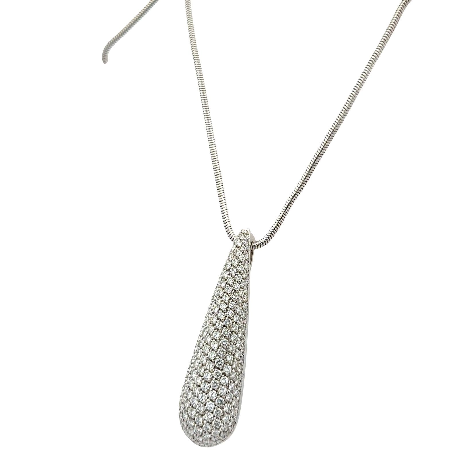Pavé Diamond 18 Karat White Gold Teardrop Pendant Snake Chain Necklace