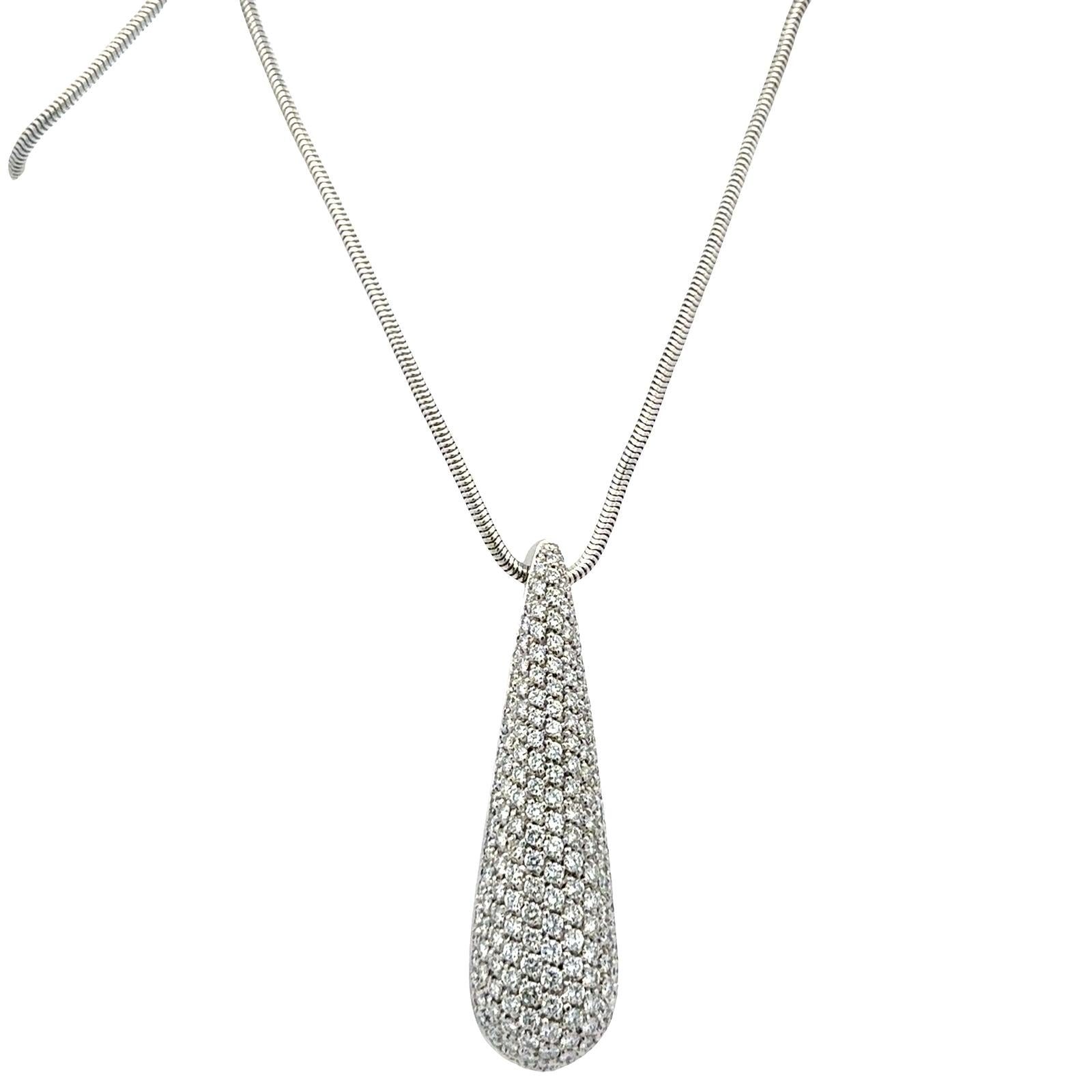 Pavé Diamond 18 Karat White Gold Teardrop Pendant Snake Chain Necklace