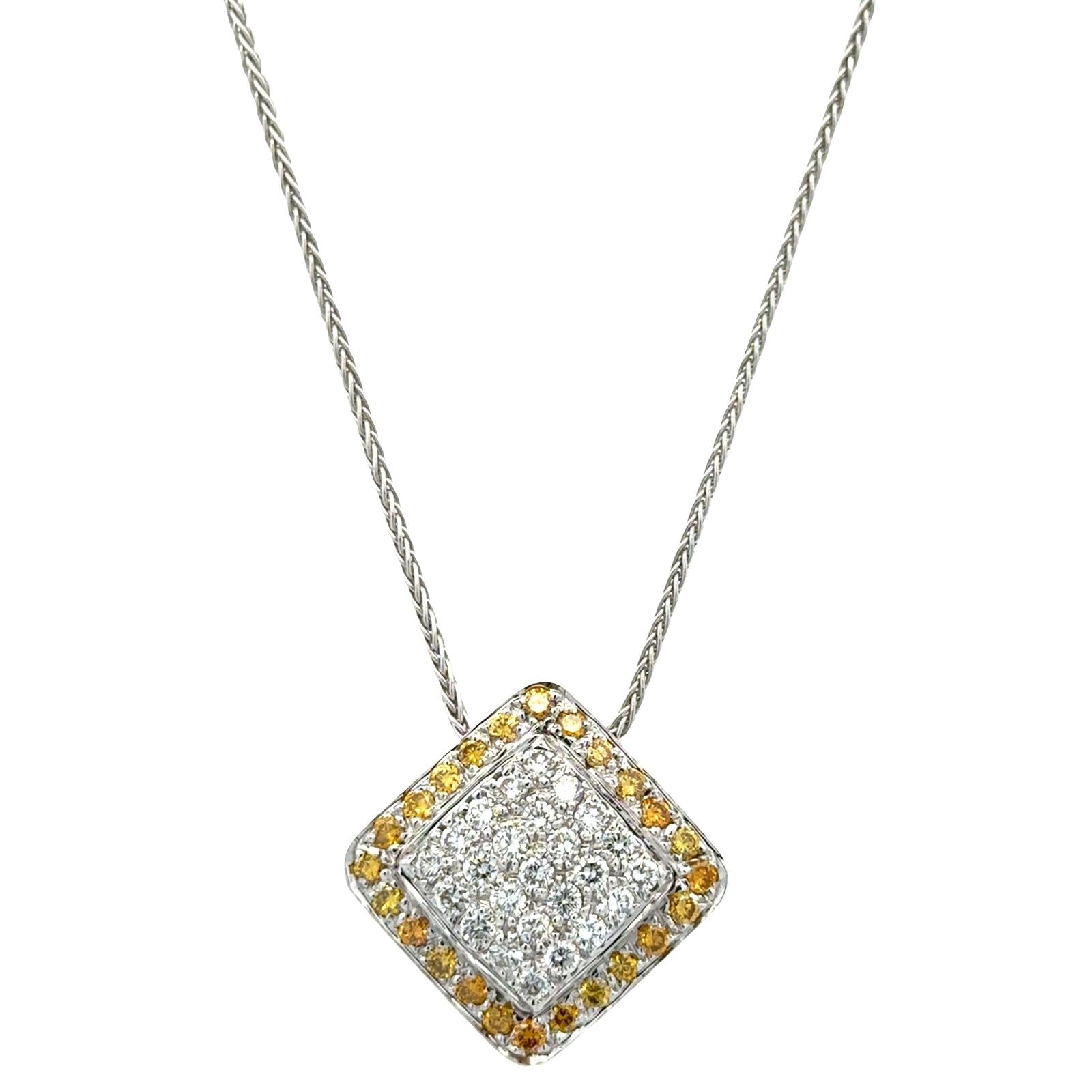 White & Yellow Diamond 18 Karat Two Tone Square Pendant Necklace Contemporary