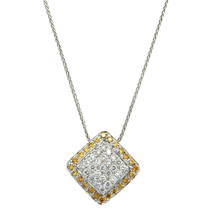 White & Yellow Diamond 18 Karat Two Tone Square Pendant Necklace Contemporary