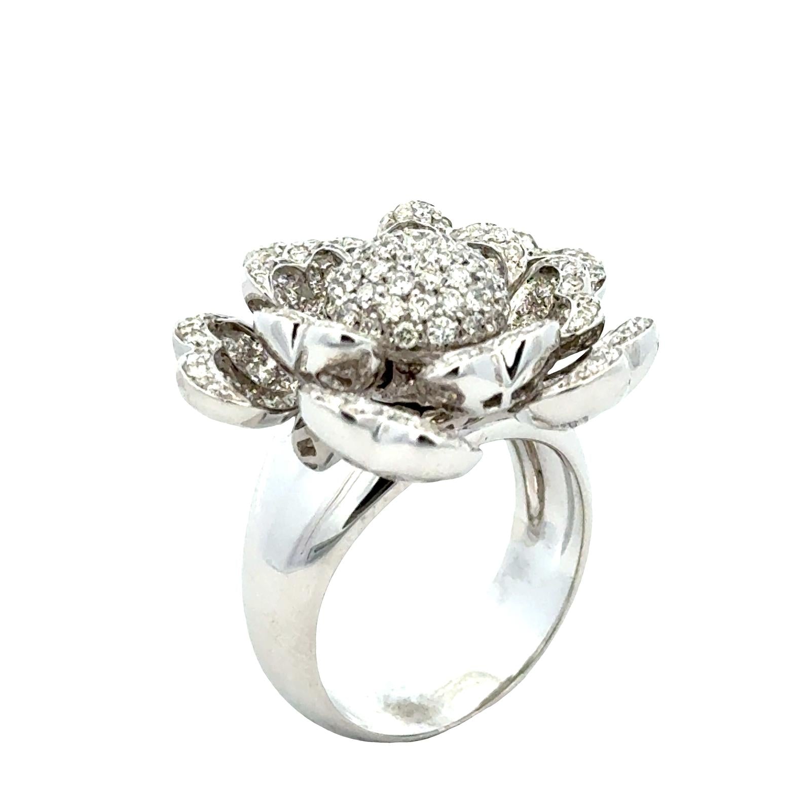 Italian Diamond Flower Temblant Petals Statement Ring 18 Karat White Gold