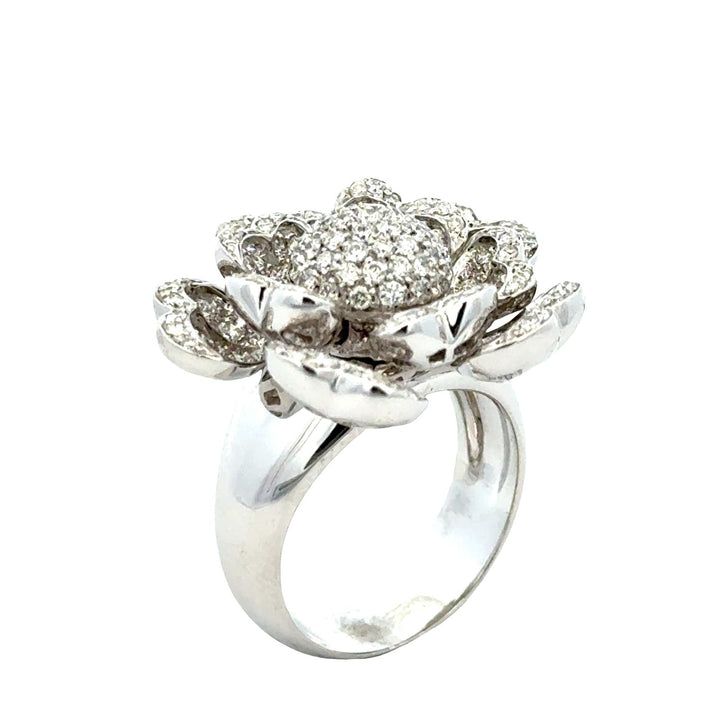 Italian Diamond Flower Temblant Petals Statement Ring 18 Karat White Gold