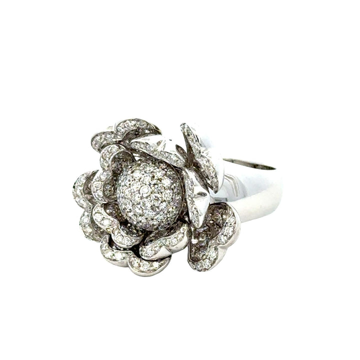 Italian Diamond Flower Temblant Petals Statement Ring 18 Karat White Gold