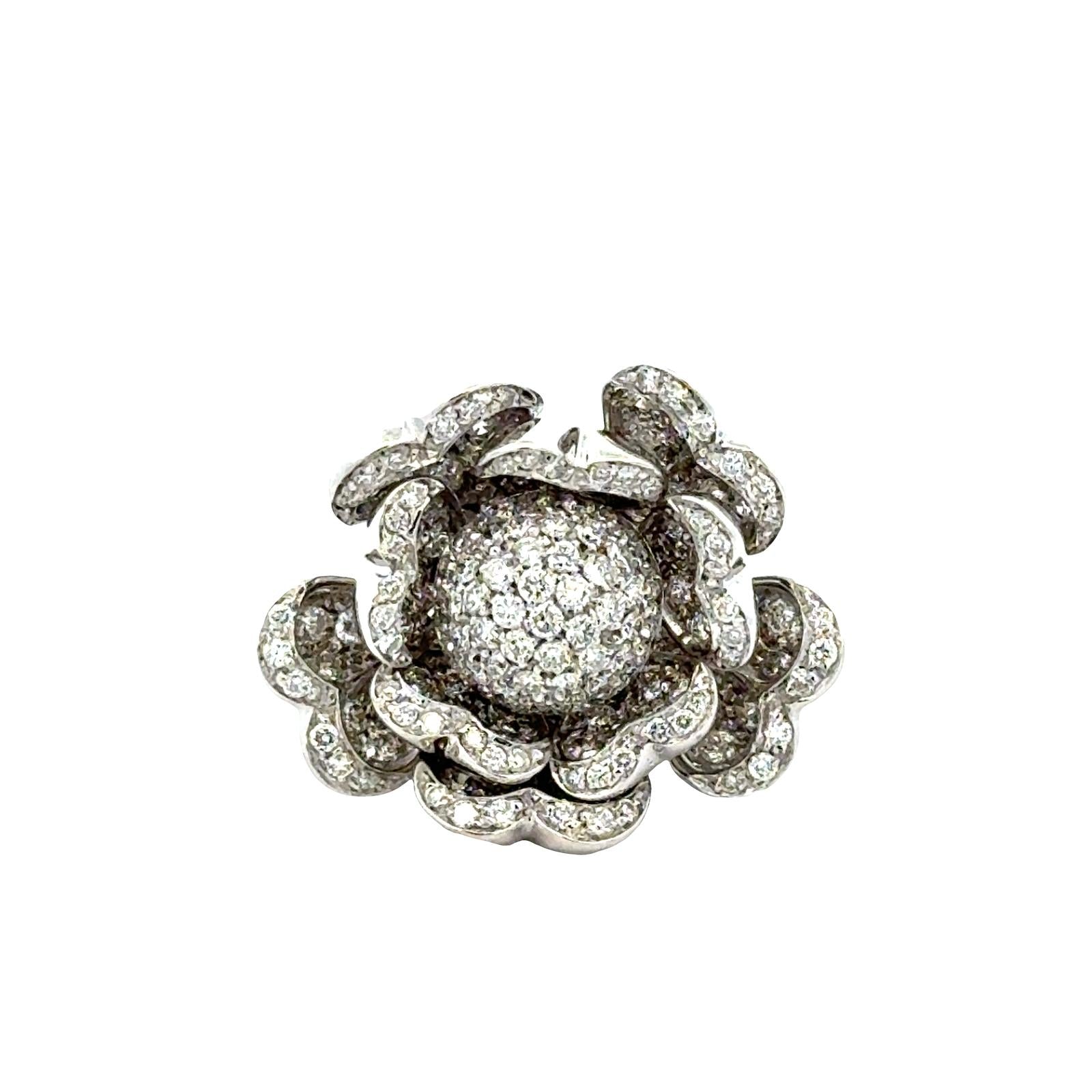 Italian Diamond Flower Temblant Petals Statement Ring 18 Karat White Gold