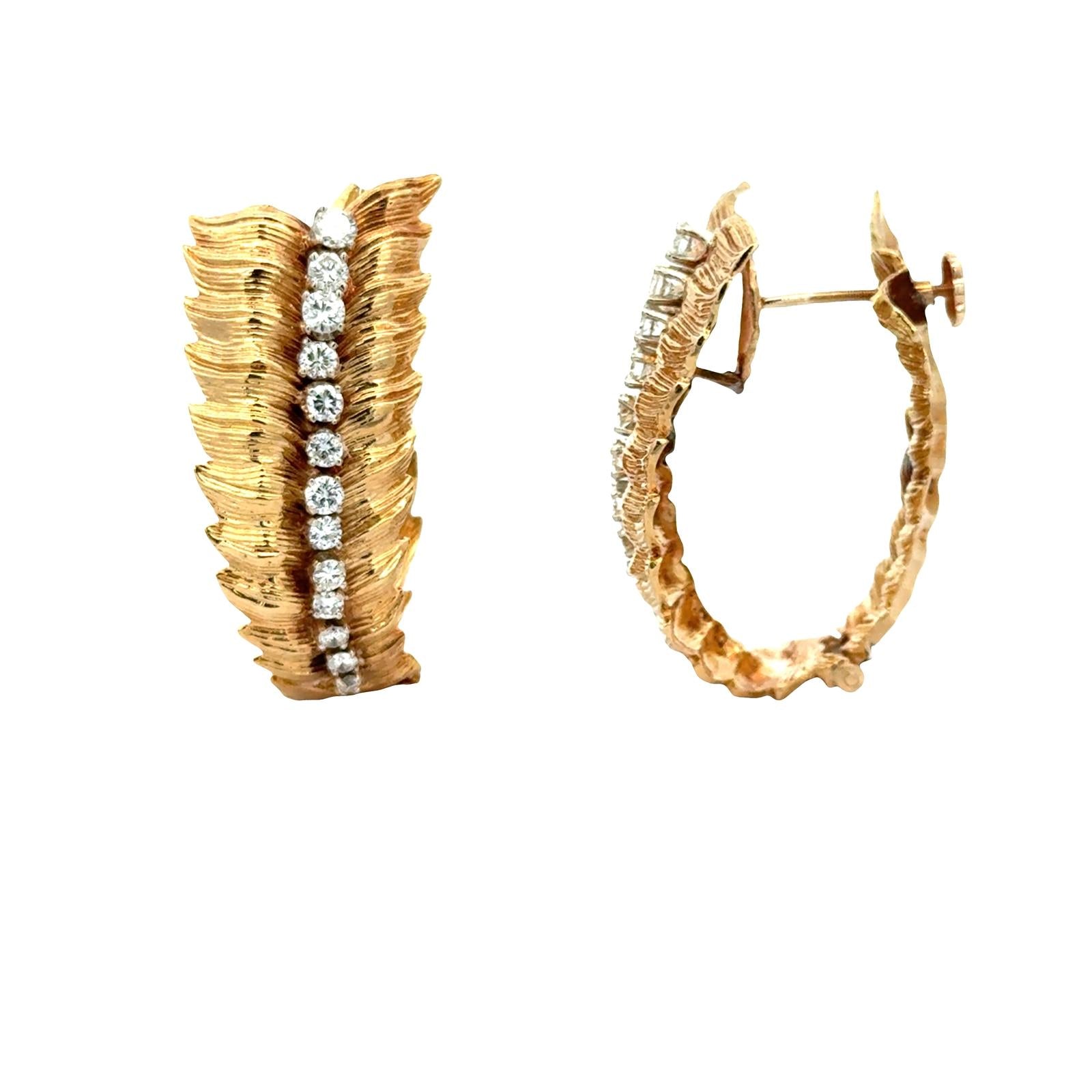 1960's Diamond 18 Karat Yellow Gold Leaf Elongated Hoop Vintage Earrings