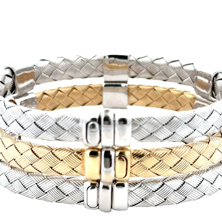 Set Of Three 14 Karat White & Yellow Woven Gold Diamond Stacking Bracelets