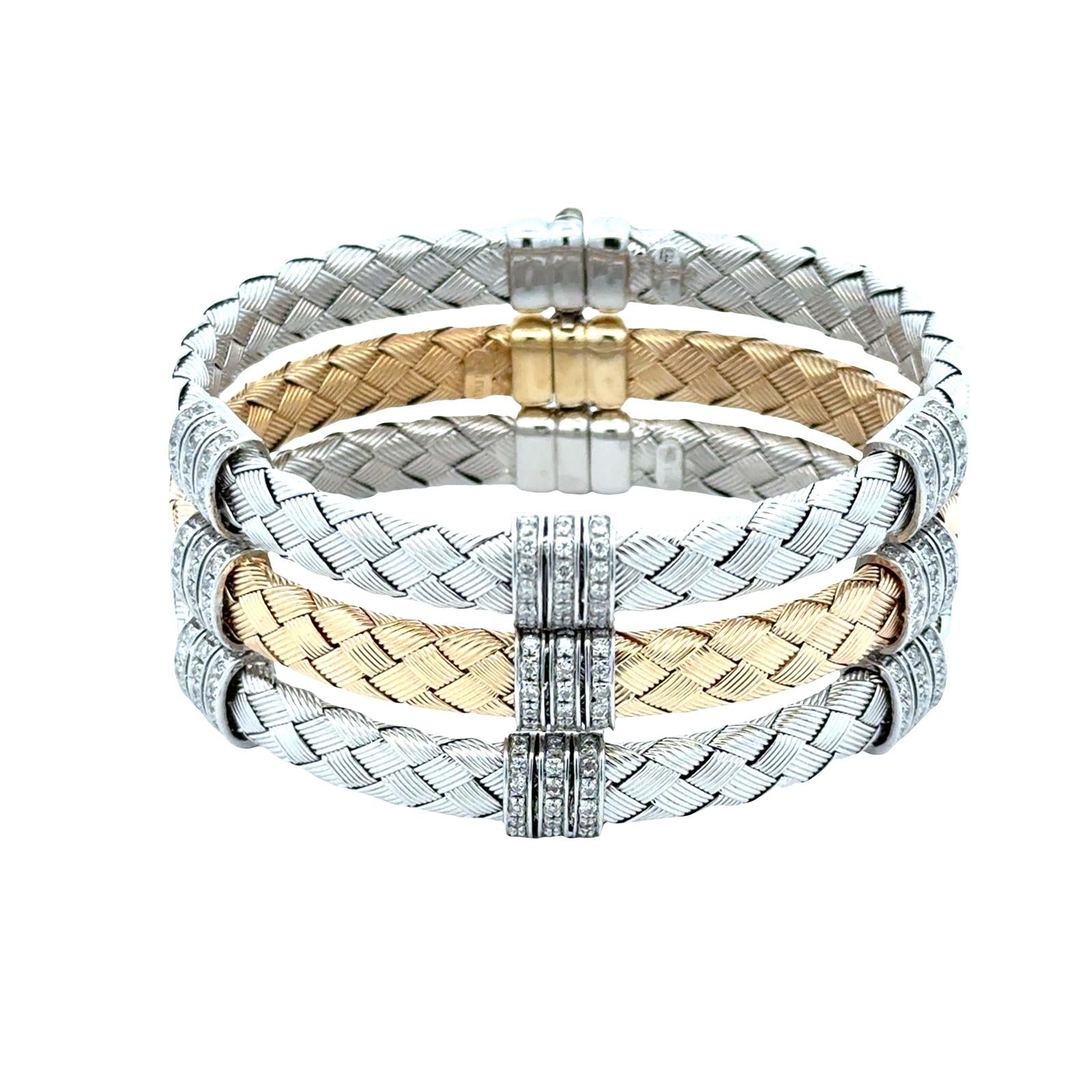 Set Of Three 14 Karat White & Yellow Woven Gold Diamond Stacking Bracelets