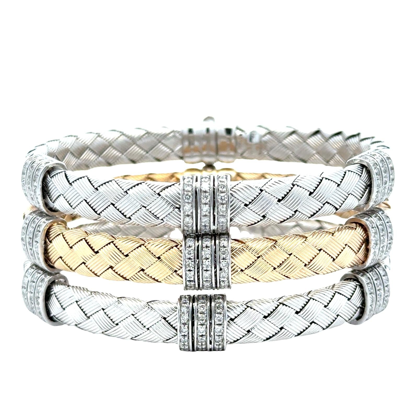 Set Of Three 14 Karat White & Yellow Woven Gold Diamond Stacking Bracelets