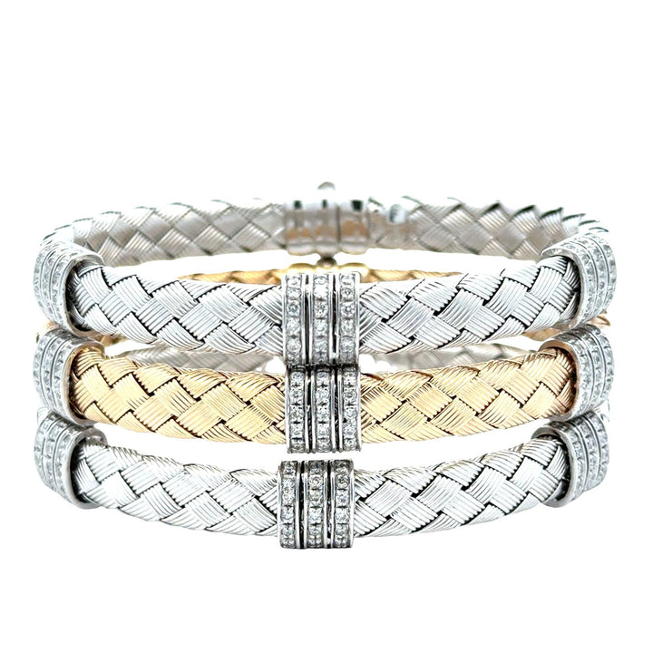 Set Of Three 14 Karat White & Yellow Woven Gold Diamond Stacking Bracelets