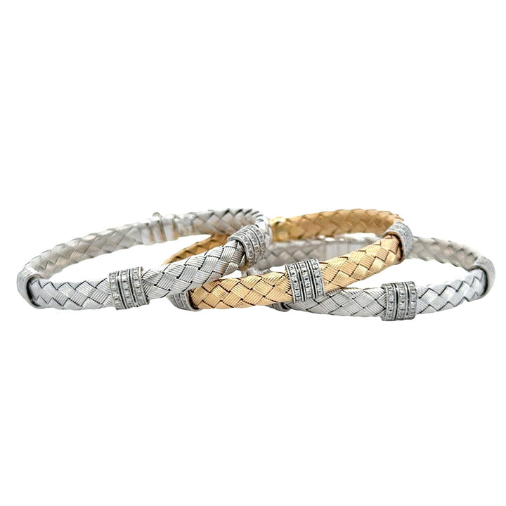 Set Of Three 14 Karat White & Yellow Woven Gold Diamond Stacking Bracelets