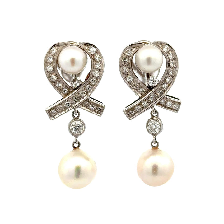 1960's Vintage Diamond & Pearl 14 Karat White Gold Drop Lever-Back Earrings