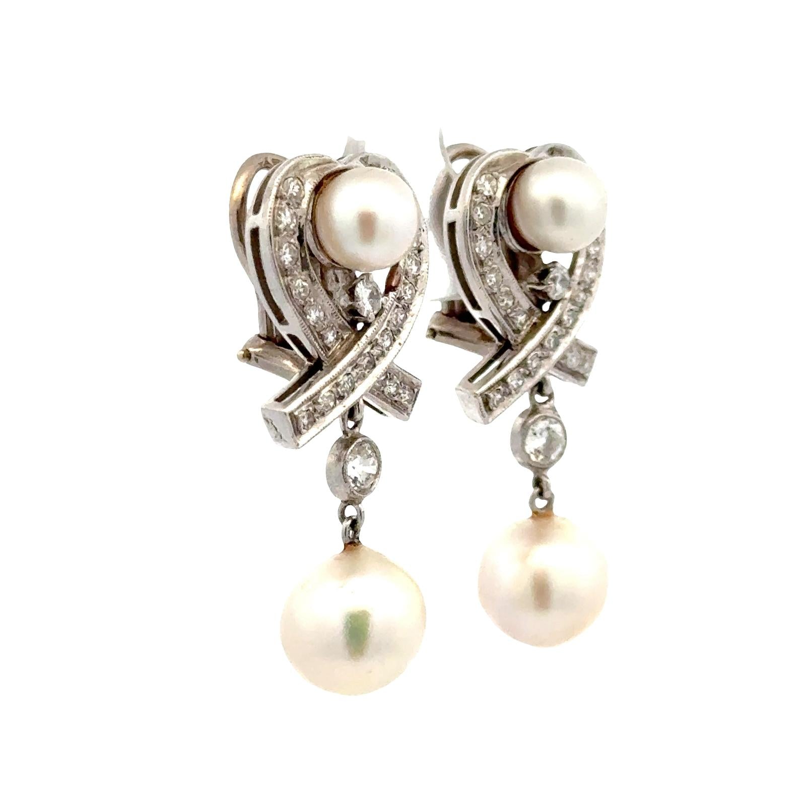 1960's Vintage Diamond & Pearl 14 Karat White Gold Drop Lever-Back Earrings