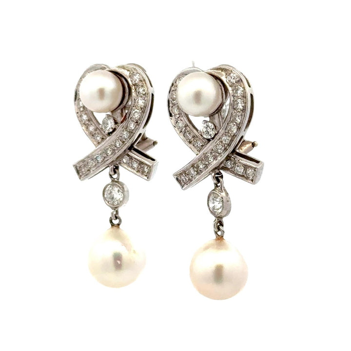 1960's Vintage Diamond & Pearl 14 Karat White Gold Drop Lever-Back Earrings